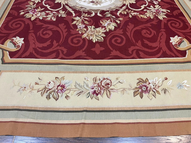 Large Aubusson Rug 10x14, Wool Handmade Vintage Carpet, Dark Red Ivory Tan, French European Elegant Aubusson Weave Rug by Jewel Rugs
