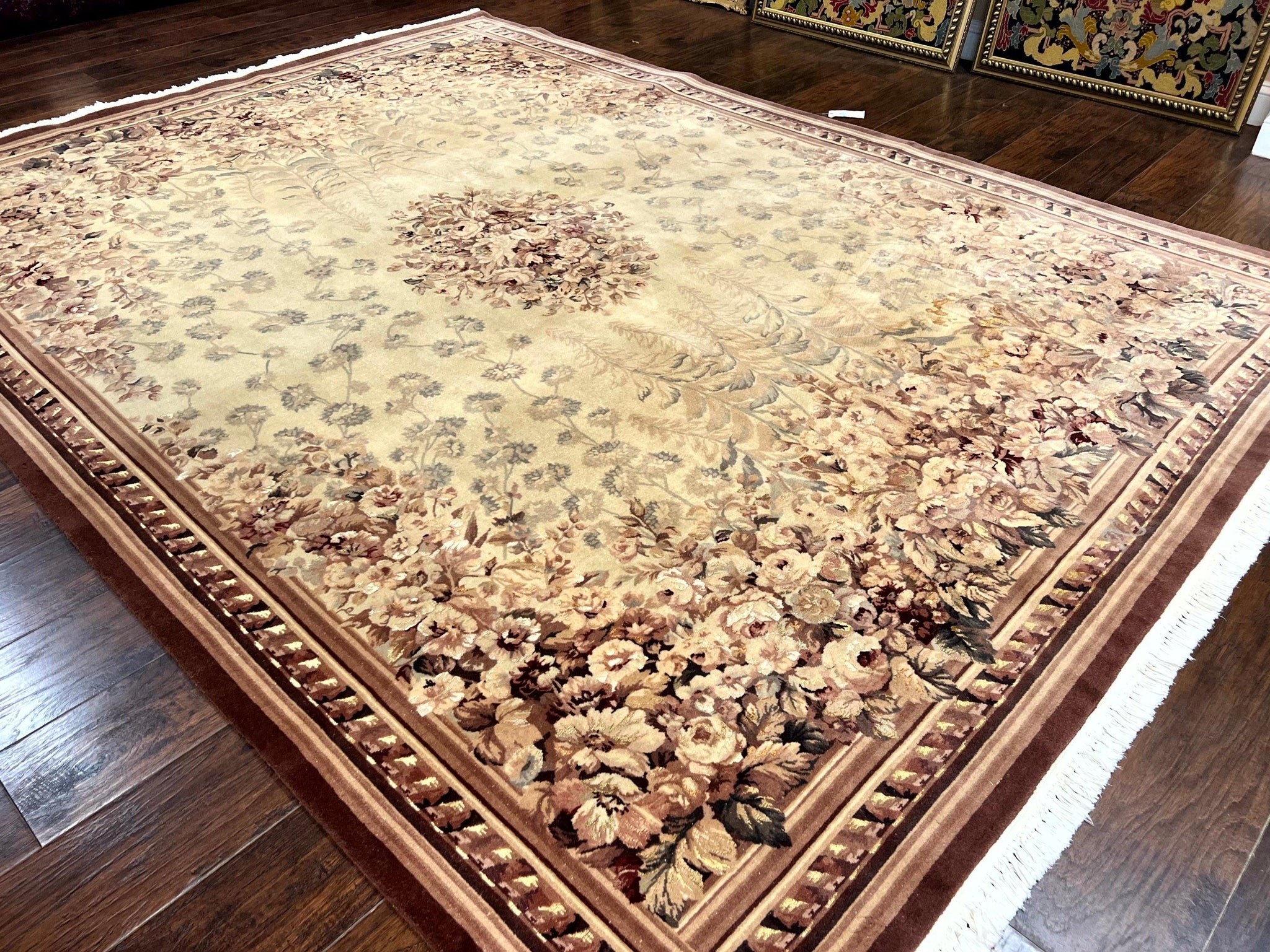Aubusson Wool Rug 9x11, Wool with Silk Highlights, European Design, Vintage, Handmade, Floral, Fine 210 KPSI by Jewel Rugs
