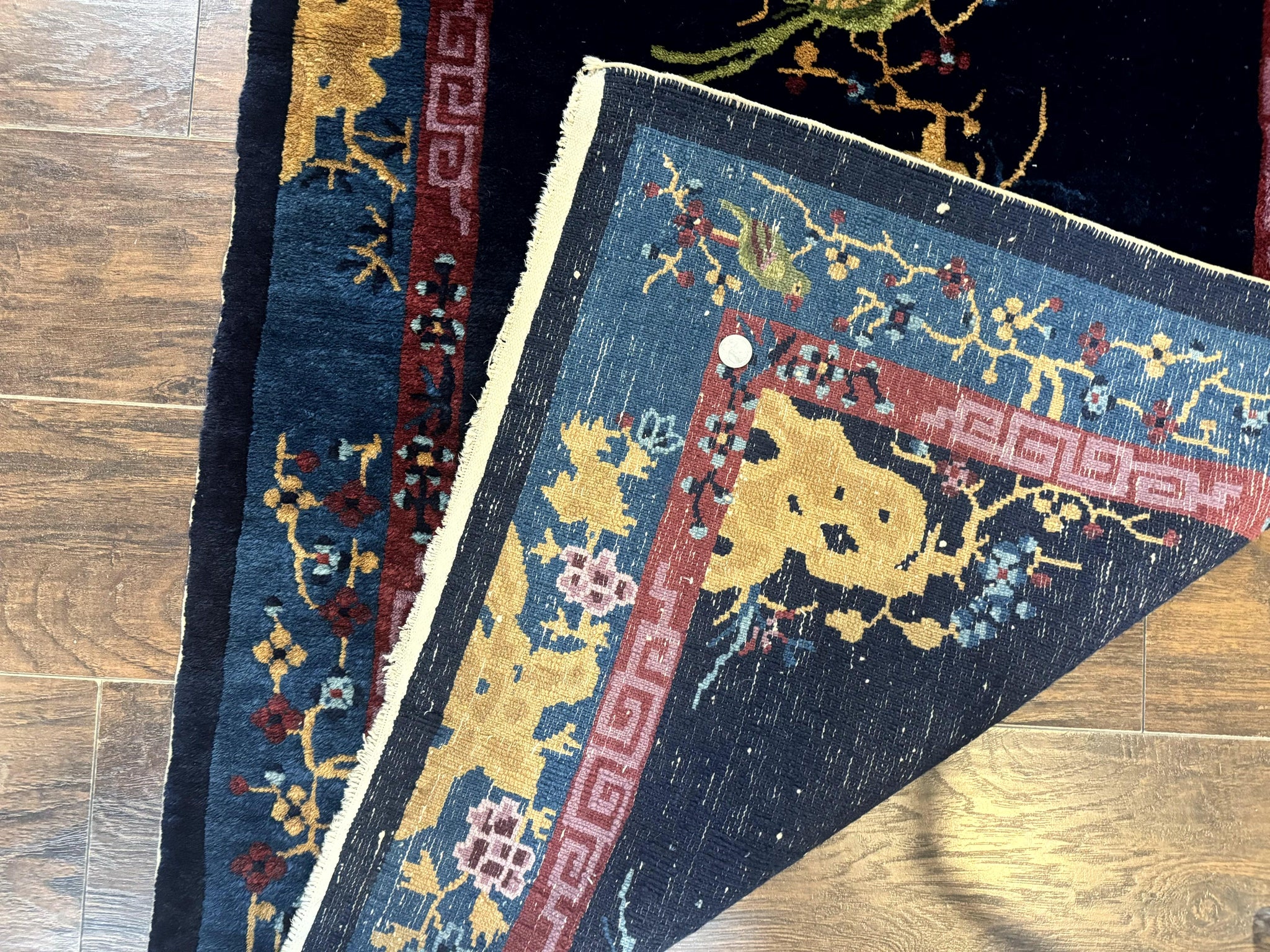 Antique Chinese Peking Rug 3x6, Dark Blue, Bird Motif, Handmade Wool Art Deco Asian Oriental Carpet, Pair A by Jewel Rugs