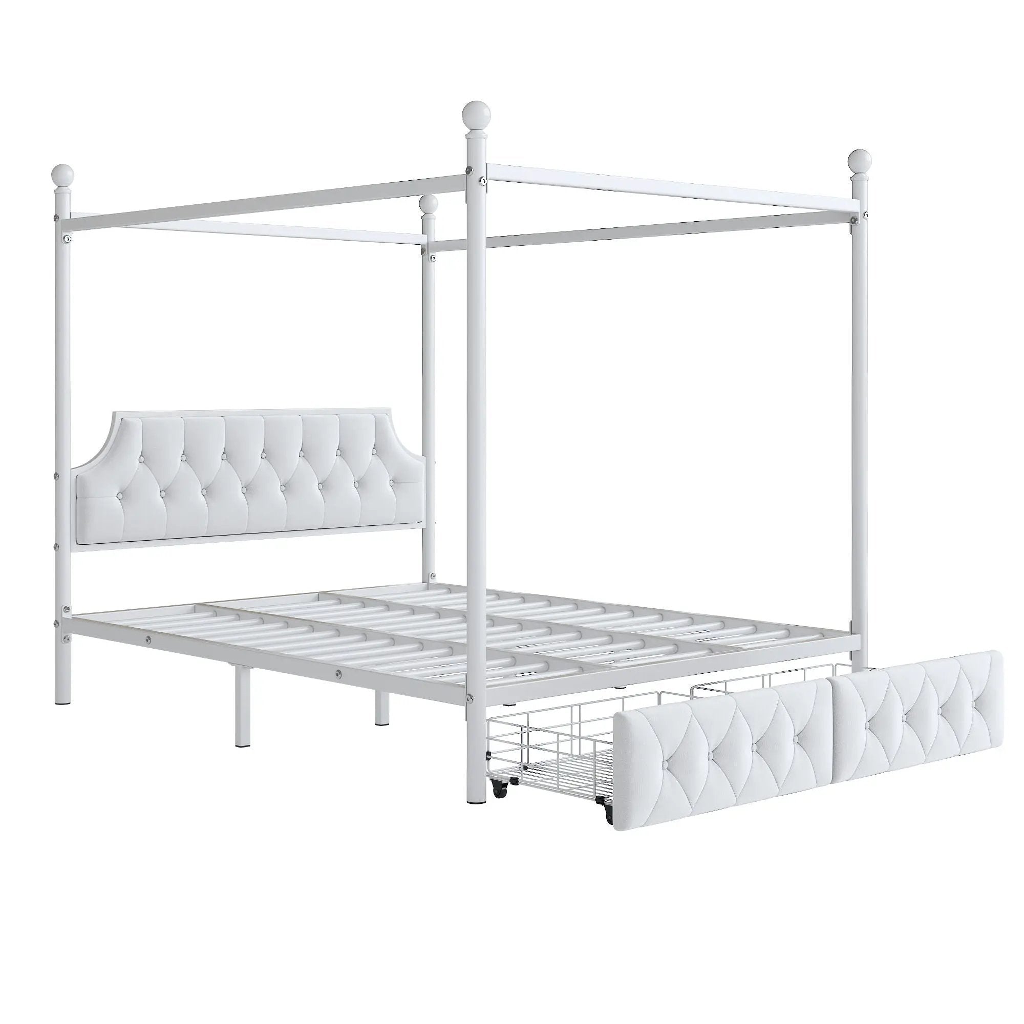 Queen Size Canopy Platform Bed With Upholstered Headboard And 2 Storage Drawers - White by HouseOfZazla
