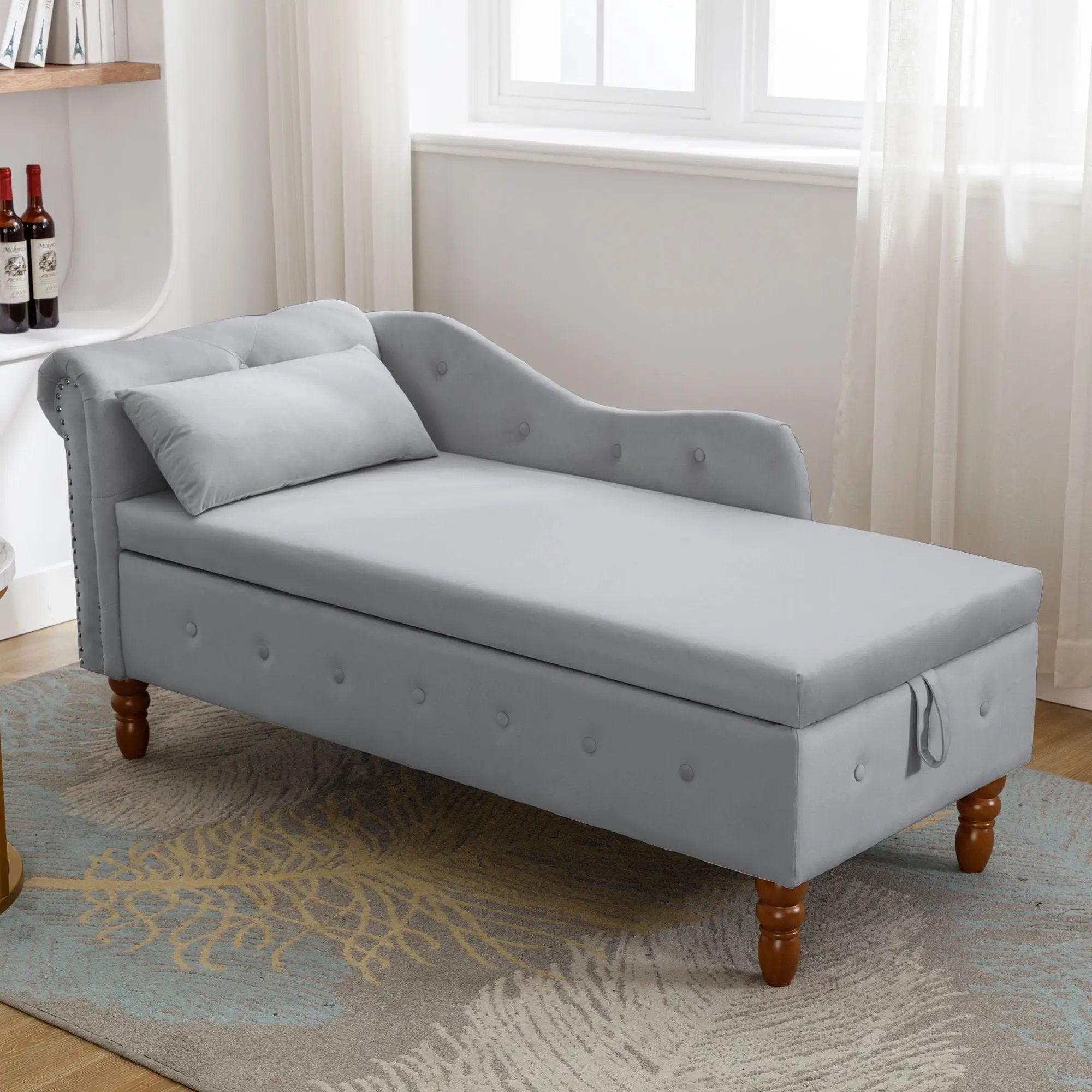 Chaise Lounge Indoor, Lounge Chair For Bedroom With Storage & Pillow, Modern Upholstered Rolled Arm Chase Lounge For Sleeping With Nailhead Trim For Living Room Bedroom Office by HouseOfZazla