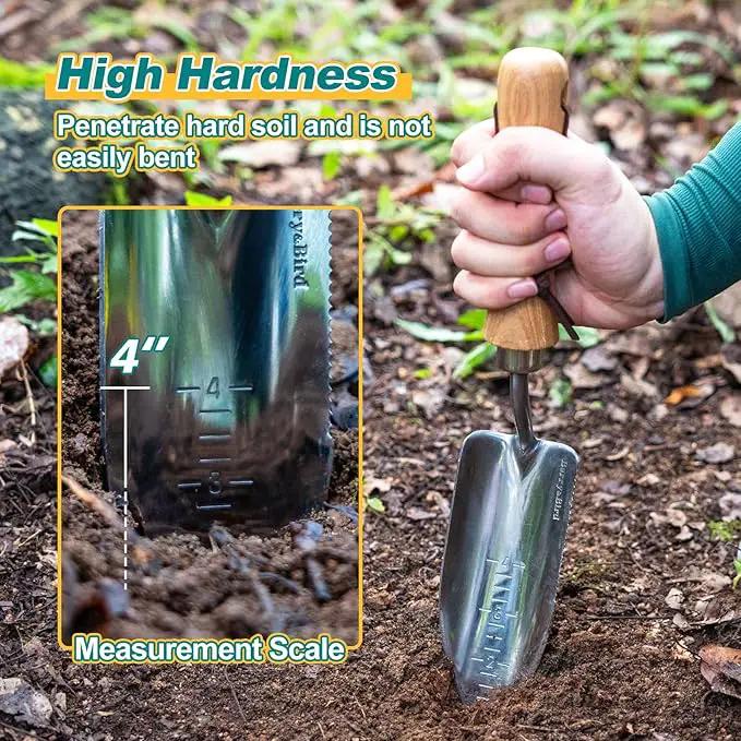 Berry&Bird Potting Trowel, Stainless Steel Serrated Hand Shovel, Wood Handle Garden Trowel Tool with Measuring Scale for Effortless Digging,Roots，Planting, Cutting and Transplanting by GreenHaven Gardens