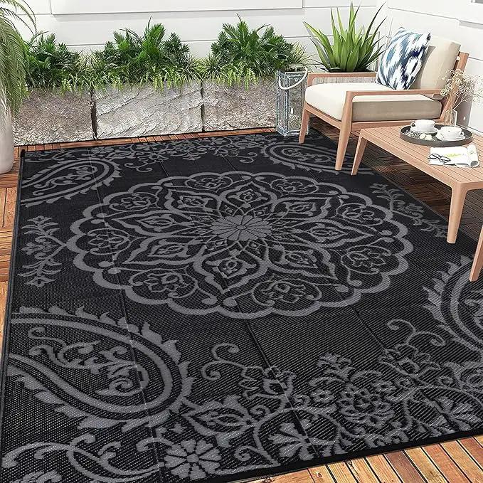 Pauwer Waterproof Outdoor Rug 8x10, Reversible Plastic Straw Patio Camping Rug, Indoor Outdoor RV Mat Carpet for Deck, Camper, Porch, Balcony, Backyard, Picnic, Boho Black Grey by GreenHaven Gardens