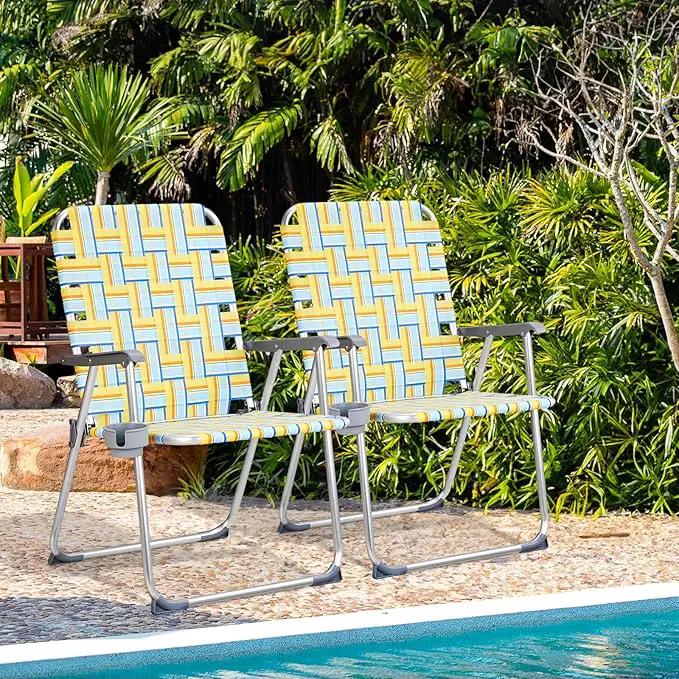 VINGLI Aluminum Oversize Patio Lawn Chairs Folding Set of 2 with Detachable Cup Holder, Webbed Beach Chair Folding Chair Outdoor Portable Camping Chair for Yard, Garden by GreenHaven Gardens