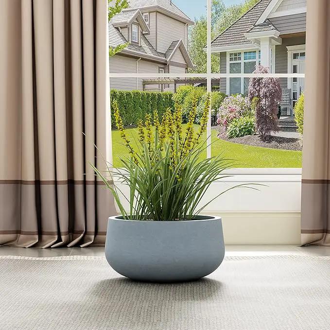 Kante 15.7" Dia Round Concrete Planter, Cement Plant Pots with Drainage Hole and Rubber Plug for Outdoor Indoor Garden Home, Modern Curvaceous Design, Gray by GreenHaven Gardens