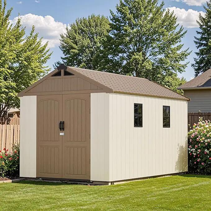 Patiowell 8 x 12 FT Plastic Outdoor Storage Shed with Floor, Resin Shed with Window and Lockable Door for Garden, Backyard, Tool Storage Use, Easy to Install in Brown (Kick-it Shed) by GreenHaven Gardens