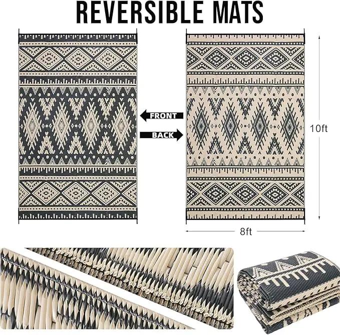 OLANLY Outdoor Rug Waterproof 8x10 ft, Reversible Outdoor Plastic Straw Rug, Boho Patio Rug, Indoor Outdoor Carpet, RV Mat Outside for Patio, Camp, Picnic, Balcony, Deck, Backyard, Black & Beige by GreenHaven Gardens