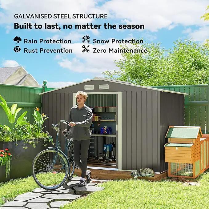 Outsunny 9' x 6' Outdoor Storage Shed, Garden Tool Metal Shed with Foundation Kit, Double Lockable Door, Air Vents and Sloping Roof, for Backyard, Patio, Lawn, Gray by GreenHaven Gardens