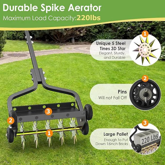 Seeutek 18 Inch Lawn Aerator, Upgraded Heavy Duty Manual Aerators Lawn Tool w/ 3D Steel Tines, 4 Wheels & Non-Slip Handle, Push Spike Aerator Suitable for Lawn, Garden and Yard by GreenHaven Gardens