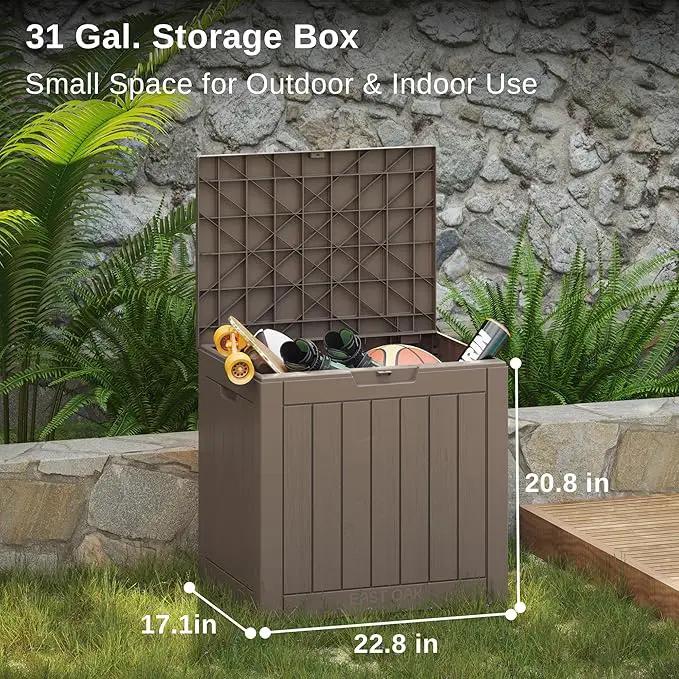 EAST OAK Outdoor Storage Box, 31 Gallon Deck Box, Waterproof Resin Storage Bin for Patio Cushions, Gardening Tools, Accessories, Lockable, UV Resistant, Brown by GreenHaven Gardens