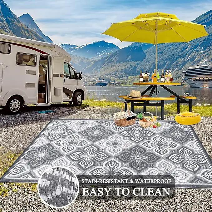 Pauwer Reversible Outdoor Rug, 6'x9', Waterproof, Polypropylene, Clover Grey, Area Rug for Patio, RV, Camping, Picnic, Backyard, Deck, Balcony, Porch by GreenHaven Gardens