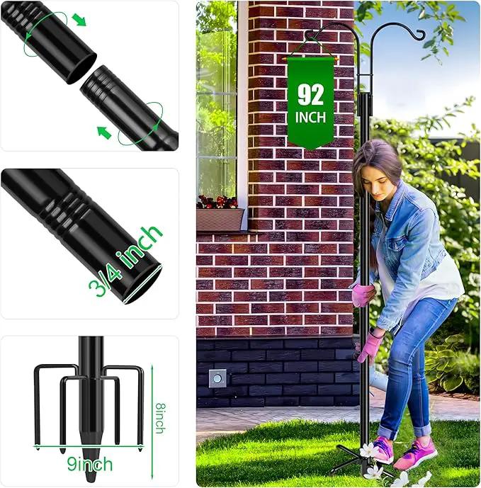XDW-GIFTS Double Shepherds Hooks for Outdoor, 2-Pack Heavy Duty Garden Pole for Hanging Bird Feeder, Plant Baskets, Solar Light Lanterns, Garden Plant Hanger Stands with 5 Base Prongs by GreenHaven Gardens