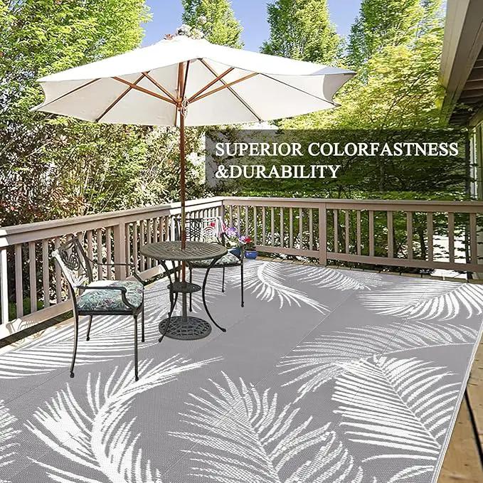 Pauwer Waterproof Outdoor Rug 9x12, Reversible Plastic Straw Patio Camping Rug, Indoor Outdoor RV Mat Carpet for Deck, Camper, Porch, Balcony, Backyard, Picnic, Leaf Grey by GreenHaven Gardens