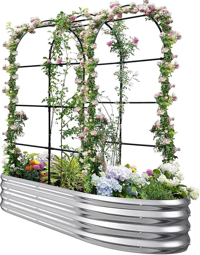 KING BIRD Raised Garden Bed with Arched Trellis Galvanized Planter Garden Box Outdoor for Gardening, Climbing Vegetables, Flowers 5.9x2.95x0.98 Ft, Silver by GreenHaven Gardens