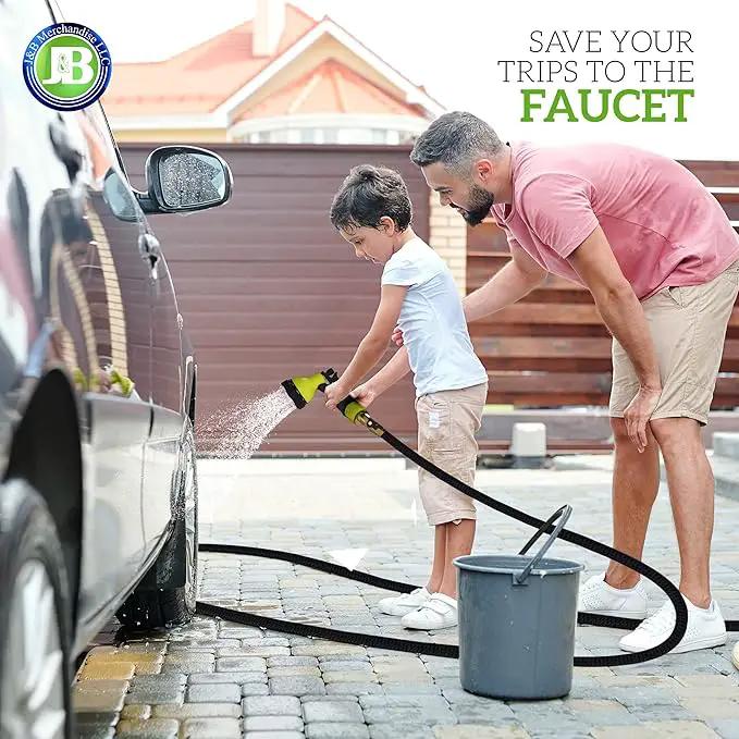 J&B XpandaHose 100ft Expandable Garden Hose with Holder - Heavy Duty Superior Strength 3750D - 4 -Layer Latex Core - Extra Strong Brass Connectors and 10 Spray Nozzle w/Storage Bag (Black 100) by GreenHaven Gardens