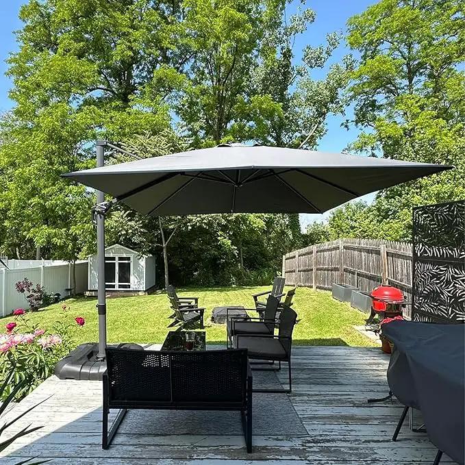 PURPLE LEAF 8 Feet Square Cantilever Umbrella Patio Umbrella with Base Outdoor Umbrella Aluminum Offset with 360-degree Rotation for Garden Deck Pool Patio Light Grey by GreenHaven Gardens