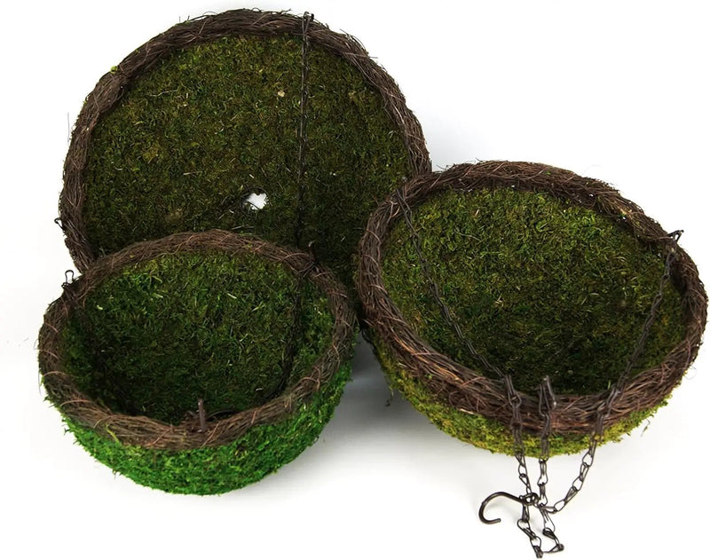 SuperMoss (29319 MossWeave Hanging Basket | Outdoor Hanging Planter with Moss | Decorative Plant Hanger for Porch, Balcony, Garden & Home Décor, Round with Wicker Rim, Set of 3 (S/M/L), Green by GreenHaven Gardens