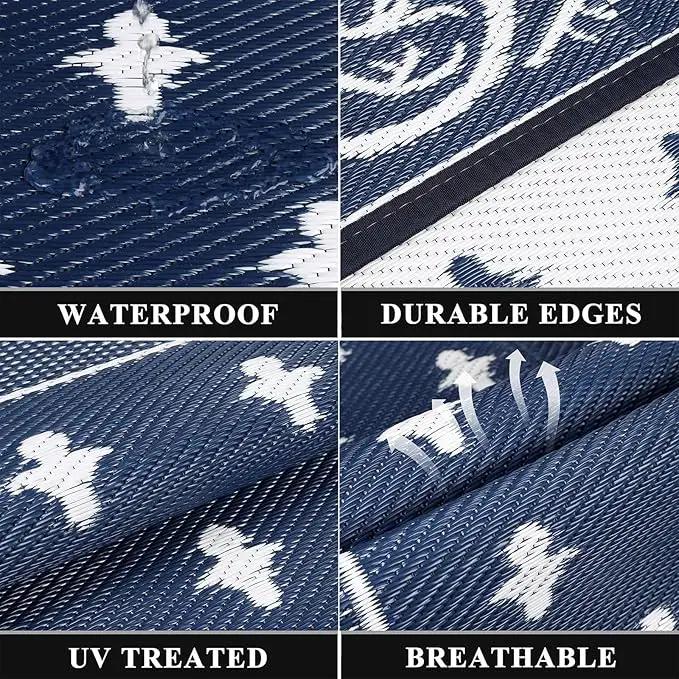 Pauwer Waterproof Outdoor Rug 8x10, Reversible Plastic Straw Patio Camping Rug, Indoor Outdoor RV Mat Carpet for Deck, Camper, Porch, Balcony, Backyard, Picnic, Bordered Navy by GreenHaven Gardens