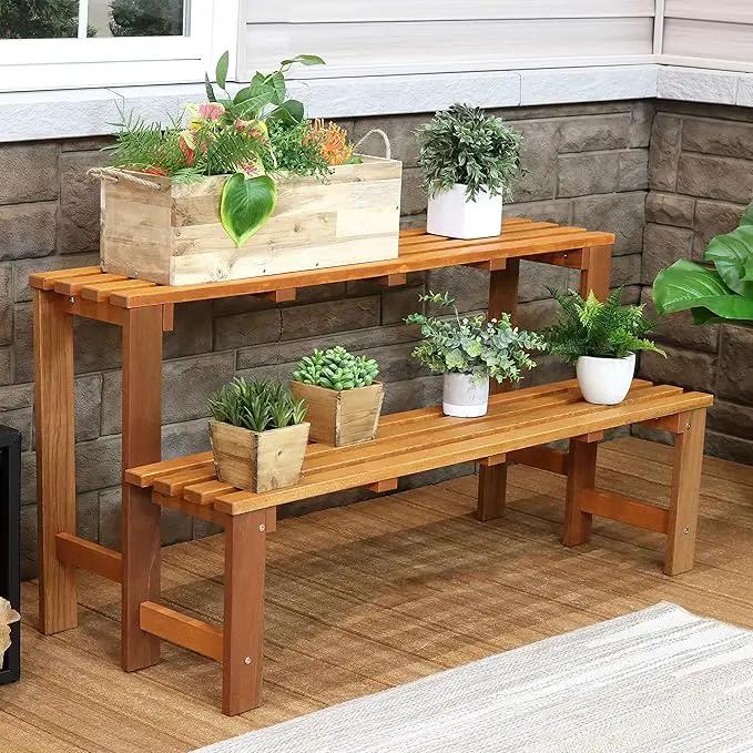 Sunnydaze 2-Tier Meranti Outdoor Wood Plant Stand - Indoor Plant Bench with Teak Oil Finish - 24-Inch by GreenHaven Gardens