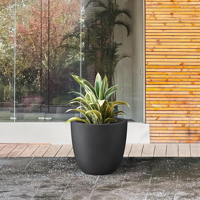 Kante 10 Inch Dia Round Concrete Planter, Indoor Outdoor Large Plant Pot with Drainage Hole and Rubber Plug for Home Patio Garden, Black by GreenHaven Gardens