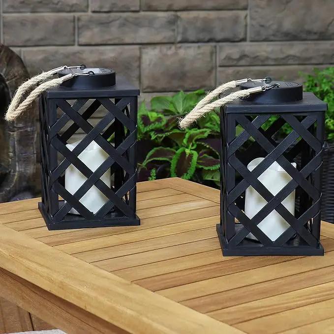 Sunnydaze Modern Crosshatch 9-Inch Solar LED Decorative Candle Lantern - Tabletop/Hanging Light - Set of 2 - Black by GreenHaven Gardens
