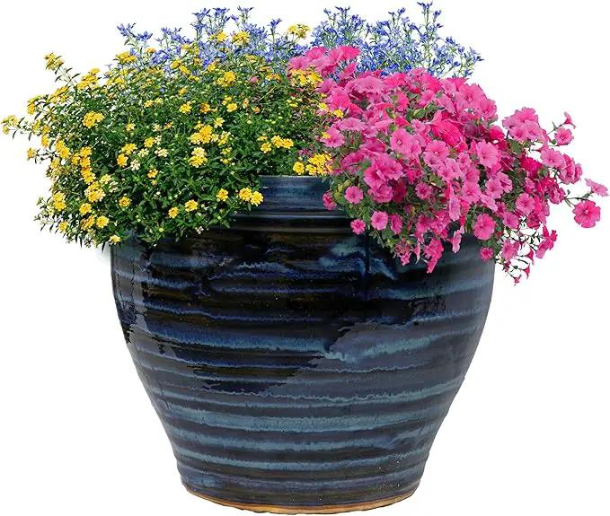 Sunnydaze Studio Large Ceramic Plant Pot - Round Outdoor Glazed Ceramic Planter Pot with Drainage - Galaxy Blue - 18.5" by GreenHaven Gardens