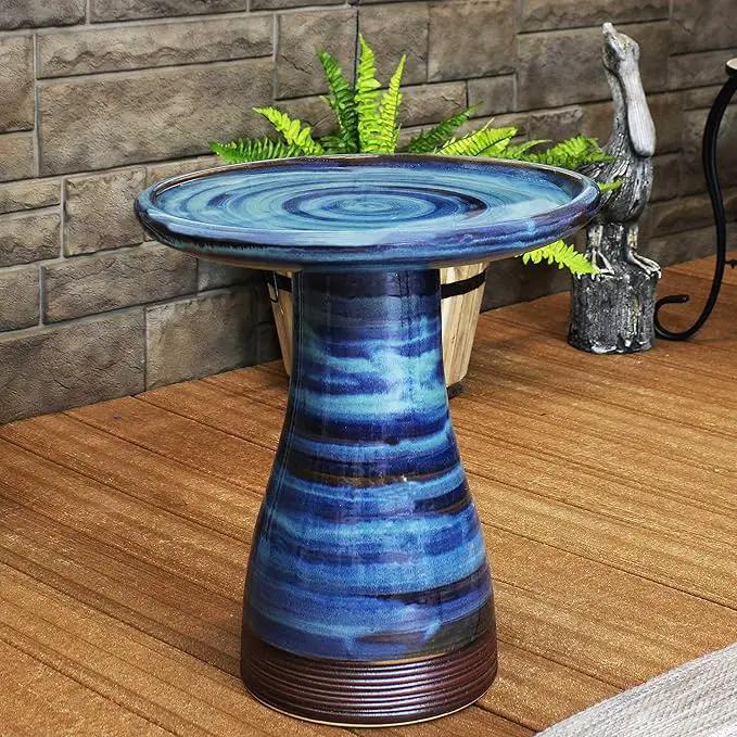 Sunnydaze 21" H Ceramic Bird Bath for Outside - Hand-Painted Outdoor Bird Bath Bowl, UV/Frost-Resistant Finish - Galaxy Blue - Ribbed Pedestal by GreenHaven Gardens