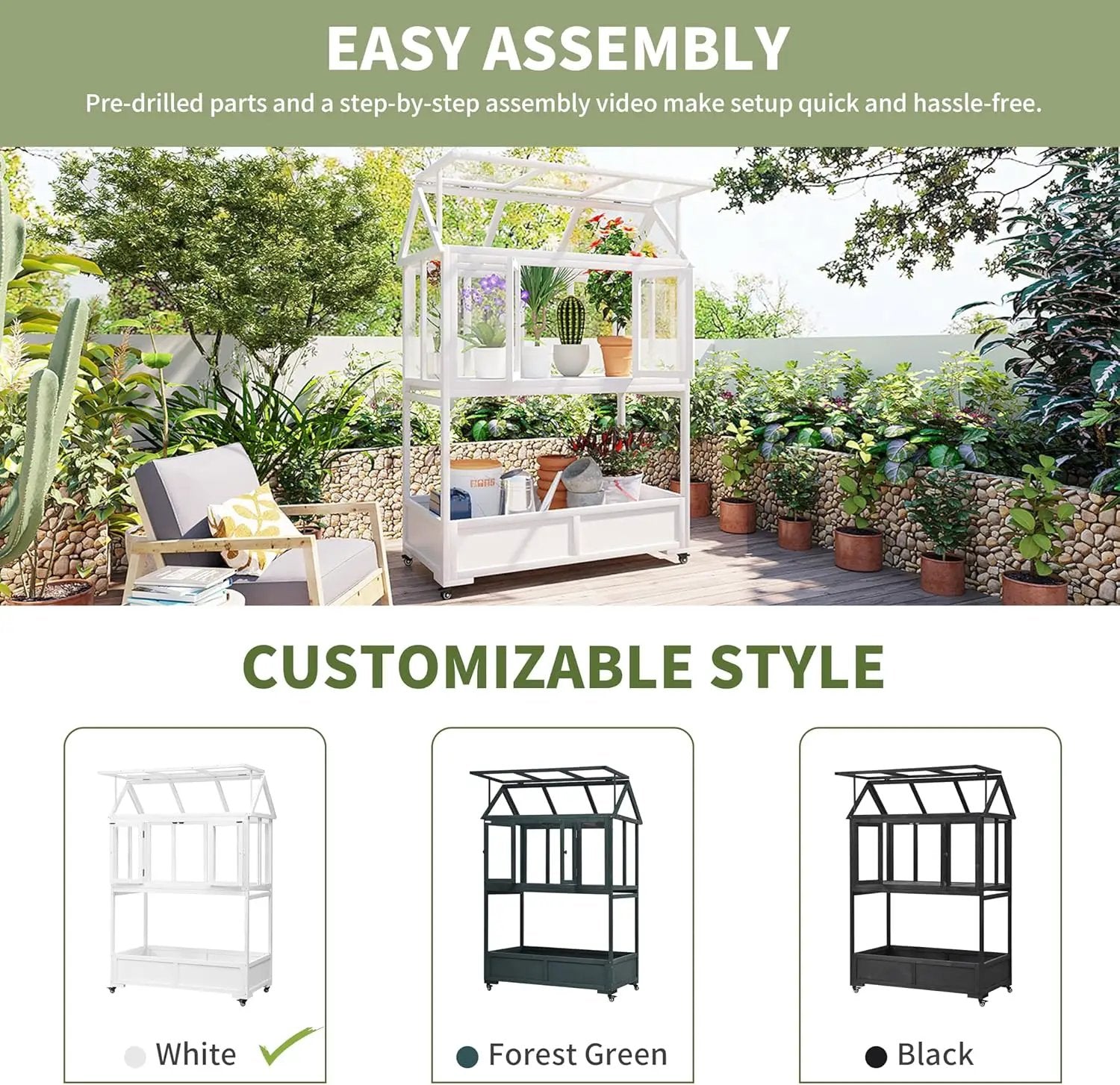 Garden Wood Portable Cold Frame - Mini Greenhouse with Wheels, Open Roof & Storage (White + Beige + Beige) by GreenHaven Gardens