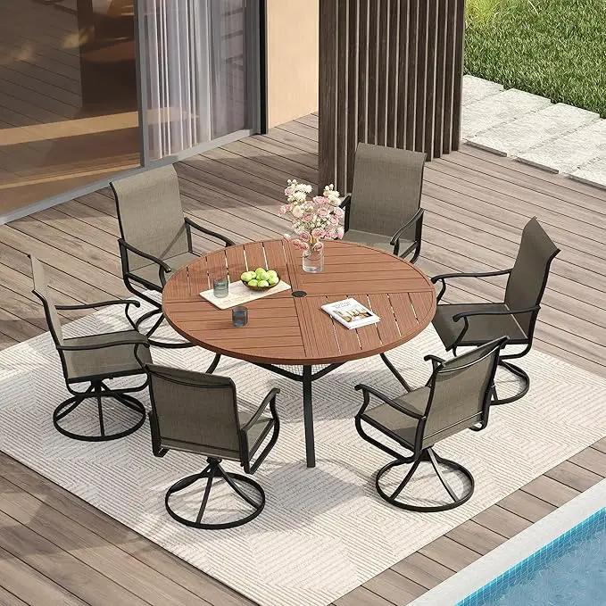 VICLLAX Round Patio Table with Adjustable Umbrella Hole for 6, All Weather Metal Outdoor Dining Table for Lawn Garden, 47.2" Outdoor Coffee Table, Walnut Wood-Like Tabletop by GreenHaven Gardens