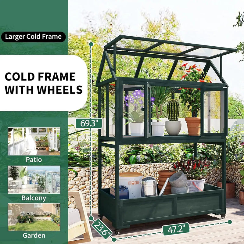 Garden Wood Portable Cold Frame - Mini Greenhouse with Wheels, Open Roof & Storage (Green + Beige + Beige) by GreenHaven Gardens