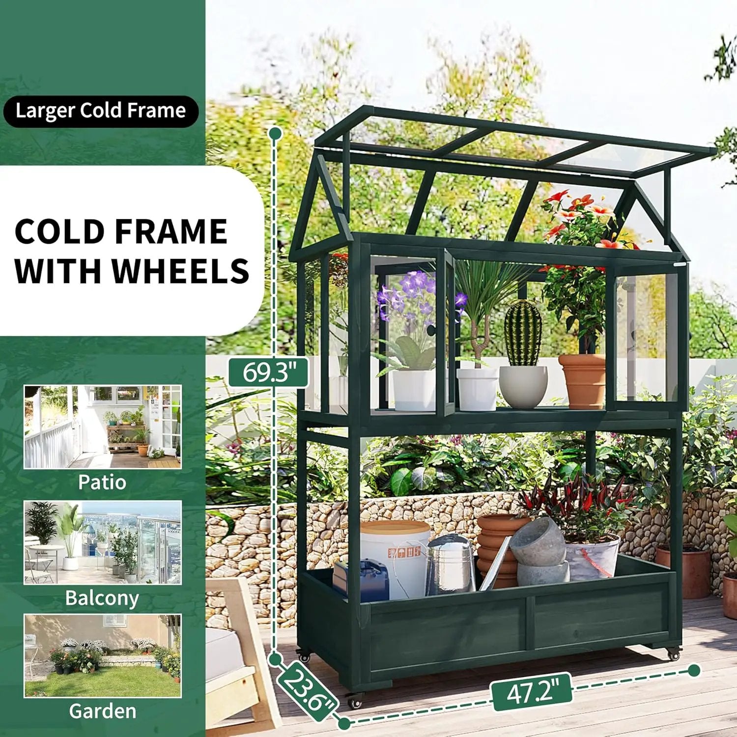 62" Wooden Greenhouse with Wheels - Adjustable Shelves Portable Cold Frame for Balcony/Patio, UV-Resistant Indoor Outdoor Plant Growing Cabinet (Large, Heavy-Duty) (Green) by GreenHaven Gardens