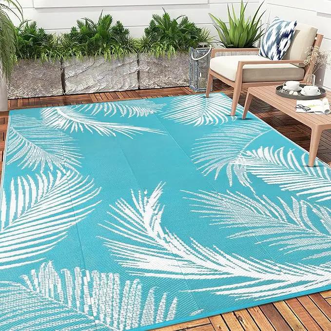 Pauwer Waterproof Outdoor Rug 10x14, Reversible Plastic Straw Patio Camping Rug, Indoor Outdoor RV Mat Carpet for Deck, Camper, Porch, Balcony, Backyard, Picnic, Leaf Teal by GreenHaven Gardens