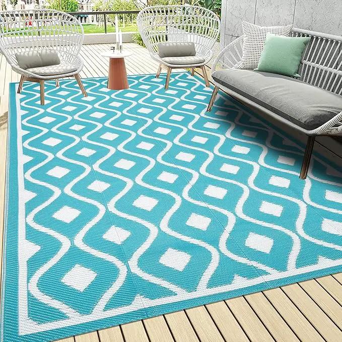 Pauwer Waterproof Outdoor Rug 6x9, Reversible Plastic Straw Patio Camping Rug, Indoor Outdoor RV Mat Carpet for Deck, Camper, Porch, Balcony, Backyard, Picnic, Geometric Teal by GreenHaven Gardens