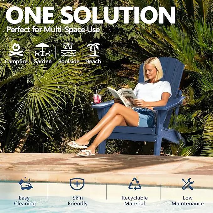Folding Adirondack Chair Set of 2 with Cup Holder, HDPE All Weather Resistant Plastic Outdoor Patio Chairs, Heavy Duty Fire Pit Seating for Backyard Lawn Garden, Wooden Textured Design(Navy Blue) by GreenHaven Gardens