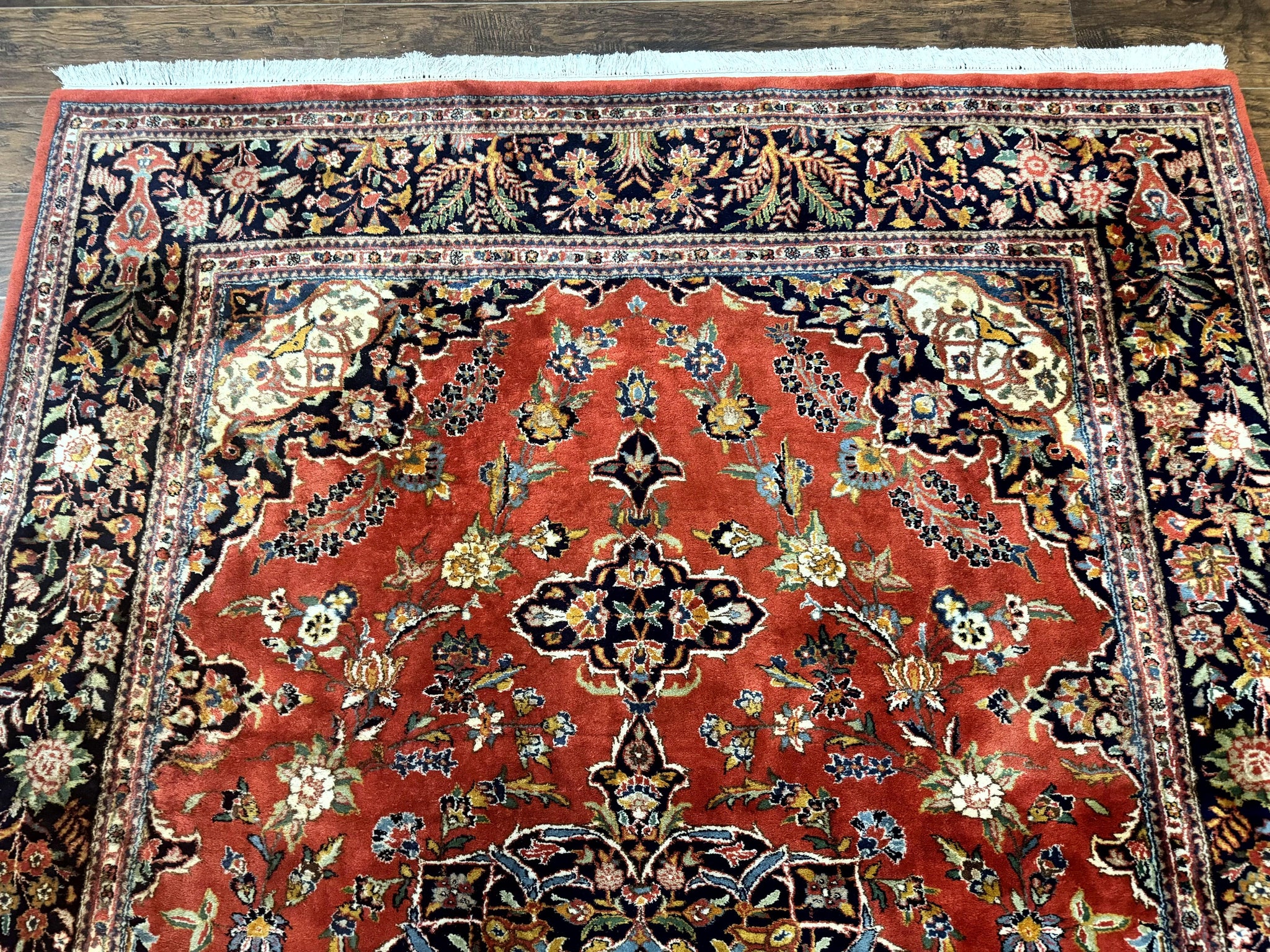 Indo Persian Rug 7x10, Vintage Handmade Wool Carpet, Floral Medallion Traditional Rug, Red and Midnight Blue by Jewel Rugs