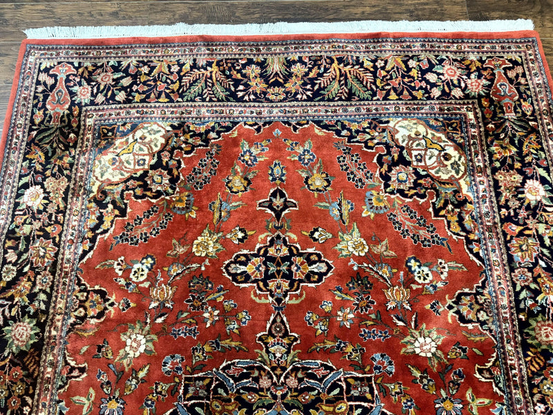 Indo Persian Rug 7x10, Vintage Handmade Wool Carpet, Floral Medallion Traditional Rug, Red and Midnight Blue by Jewel Rugs