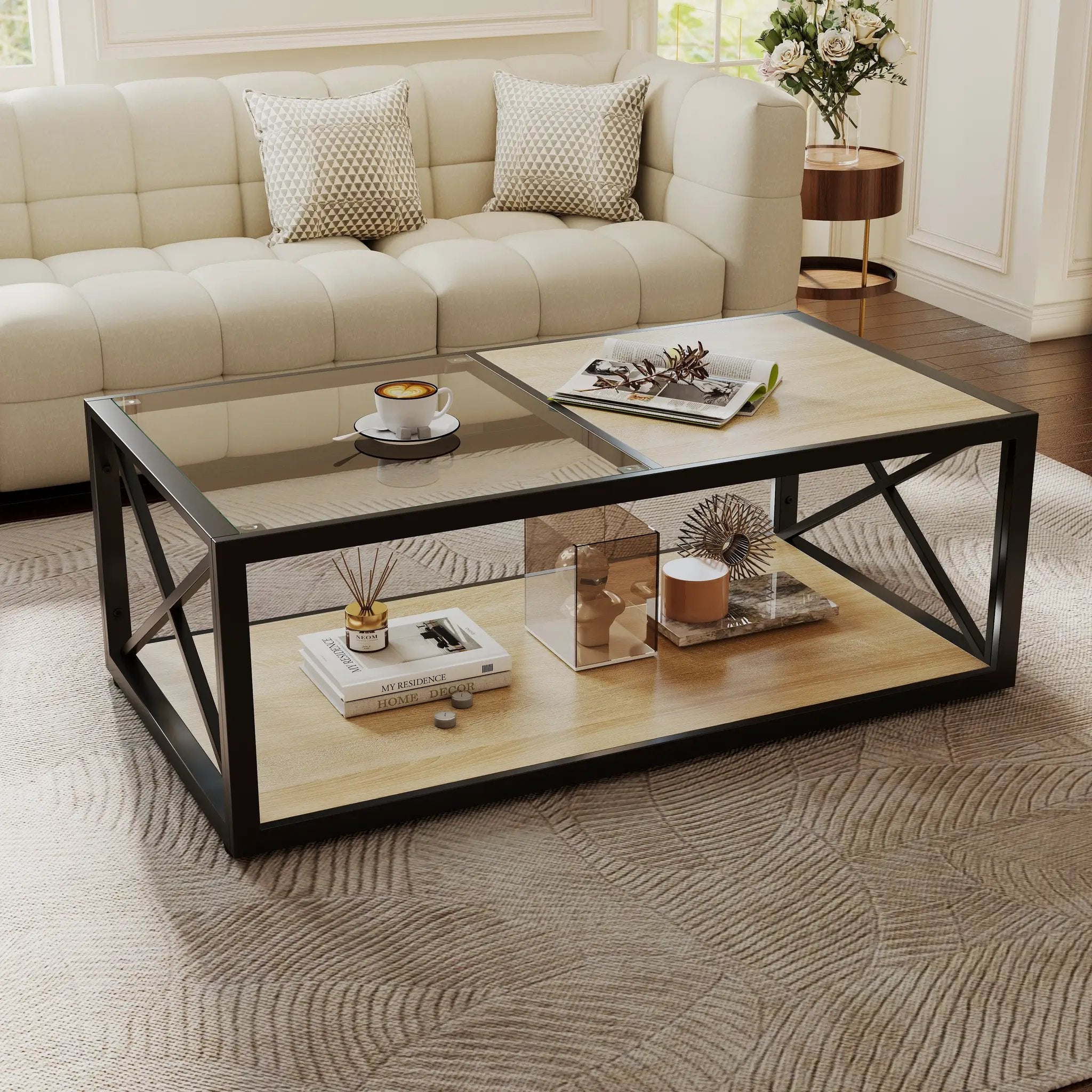 Modern Coffee Table with Tempered Glass and Natural Wood MDF Top by HouseOfZazla