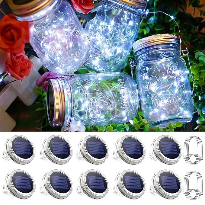 Mason Jar Solar Lights 30 LED, 10 Pack Hanging Solar Lanterns Outdoor, Waterproof Fairy Lights for Patio Garden, Wedding, Yard - Cool White by GreenHaven Gardens