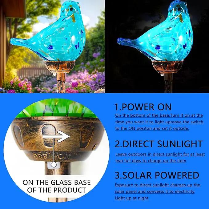 Decorative Solar Lights, Outdoor Solar Bird Stake Lights, Hand Blown Glass Decorative Garden Pathway Lights Outdoor Waterproof Glass Stakes (Light Blue) by GreenHaven Gardens