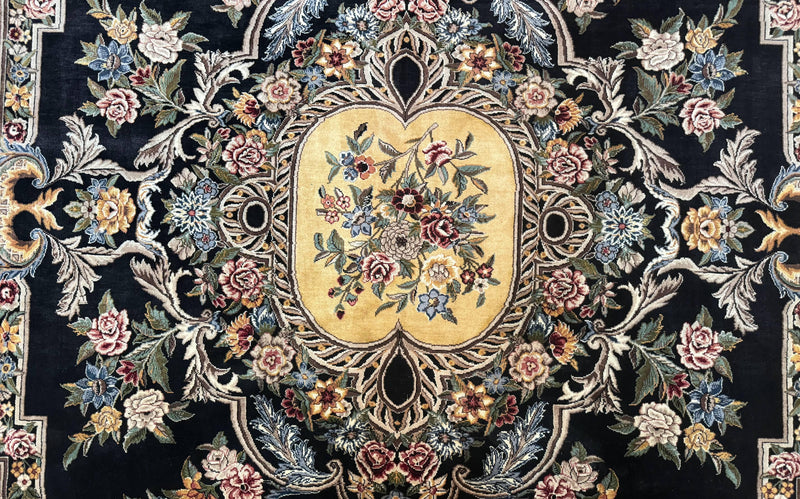 Aubusson Rug 9x12, Black and Beige, Floral, Elegant Handmade French European Design Carpet by Jewel Rugs