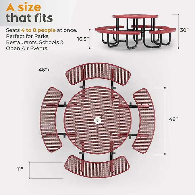 Metal Picnic Tables for Outdoors with Umbrella Hole - Coated Steel Heavy Duty Commercial Grade Table with Adjustable Seats (Red, 46 in, Round, Punched Steel) by GreenHaven Gardens