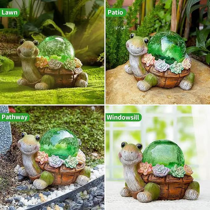 Solar Turtle Garden Statue Lights for Outdoor Decor with Cracked Glass LED Figurine Lighting Resin Succulent Tortoise Decorations Patio Lawn Yard Housewarming Mom Gifts by GreenHaven Gardens
