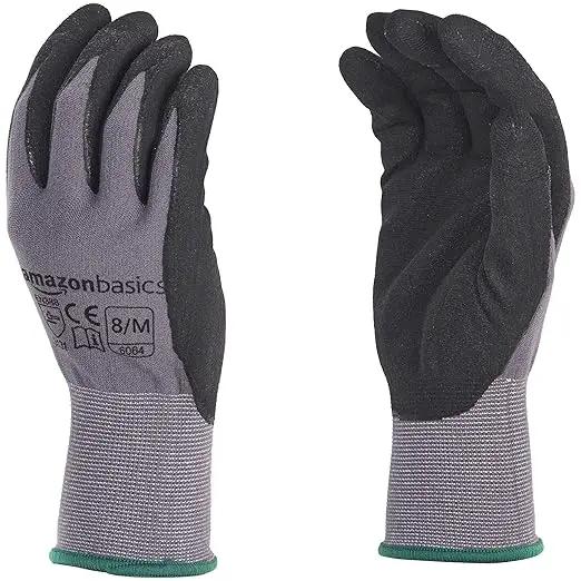 Amazon Basics Micro-Foam Nitrile Coated Work Gloves, Nylon Liner Fiber, Touch Screen, Size 8/M, 12 Pairs, Grey by GreenHaven Gardens