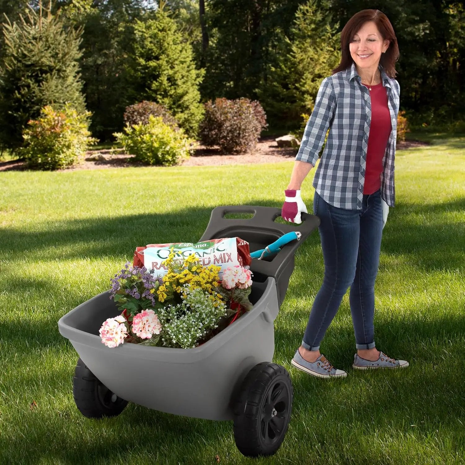 Simplay3 Easy Haul Durable Wheelbarrow with Garden Tool Storage Tray - Large Easy Turn Wheels - Gray - Made in USA by GreenHaven Gardens