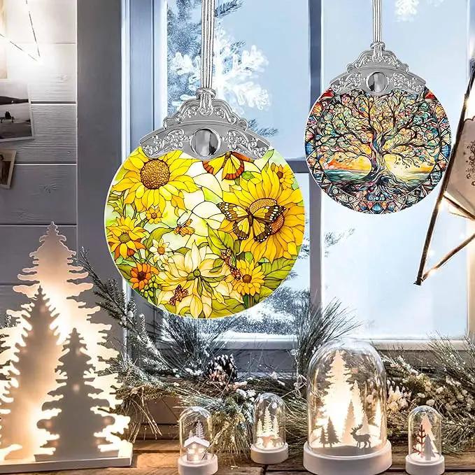Stained Glass Suncatcher, Jocidea Sunflower and Butterfly Decor, Christmas Ornament, Holidays Ornaments, Christmas Tree Ornament, Sunflower and Butterfly Gifts by GreenHaven Gardens