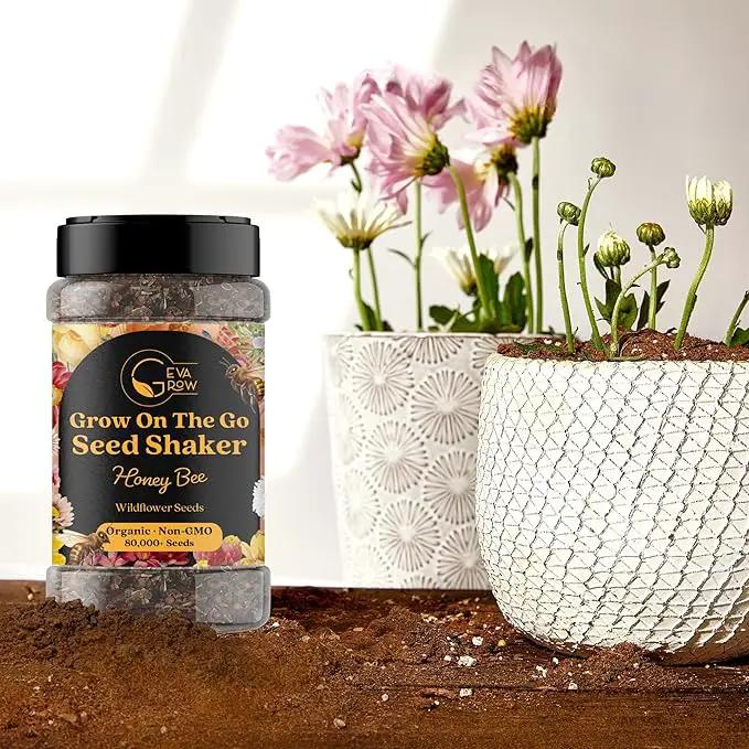 Mini Wildflower Seed Shaker – Honey Bee Wildflower Mix, by GevaGrow | Bulk 90,000+ Seeds | Pollinator Bee Attracting Flower Seeds for Planting in Pots & Outdoor Gardens | No Messy Packets by GreenHaven Gardens