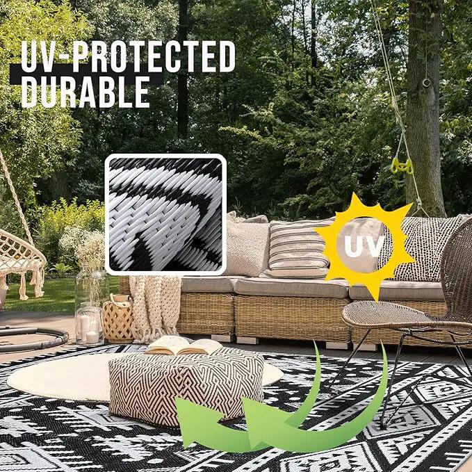 OLANLY Outdoor Rug Waterproof 4x6 ft, Reversible Outdoor Plastic Straw Rug, Boho Patio Rug, Indoor Outdoor Carpet, RV Mat Outside for Patio, Camp, Picnic, Balcony, Deck, Backyard, Black & White by GreenHaven Gardens