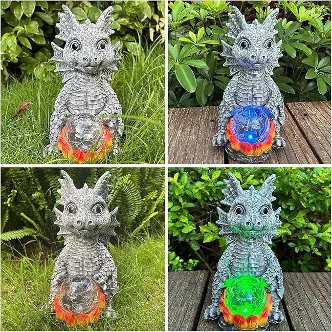 Solar Garden Statue Dragon Figurine with 7-Color Changing Solar Crackle Globe Lights- Loving Dragon for Patio,Balcony,Yard, Lawn-Unique Idea Gifts (Grey) by GreenHaven Gardens