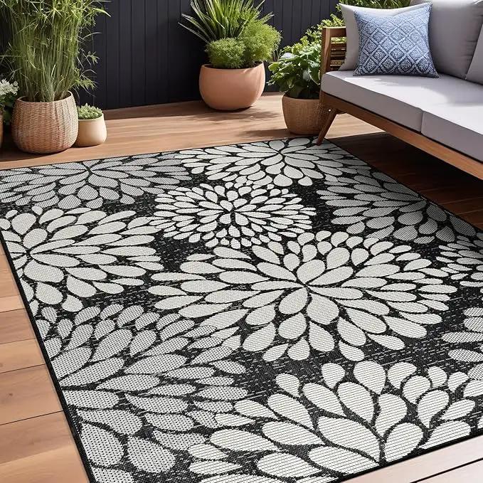 Beverly Rug Outdoor Rug 9x12 Modern Exotic Tropical Leaf Area Rugs for Indoor and Outdoor Patio Deck Porch Garden Water Resistant Washable Outside Carpet (9 x 12 Dark Gray) by GreenHaven Gardens
