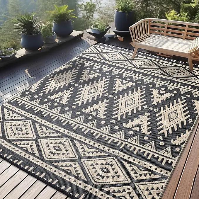 OLANLY Outdoor Rug Waterproof 9x12 ft, Reversible Outdoor Plastic Straw Rug, Boho Patio Rug, Indoor Outdoor Carpet, RV Mat Outside for Patio, Camp, Picnic, Balcony, Deck, Backyard, Black & Beige by GreenHaven Gardens